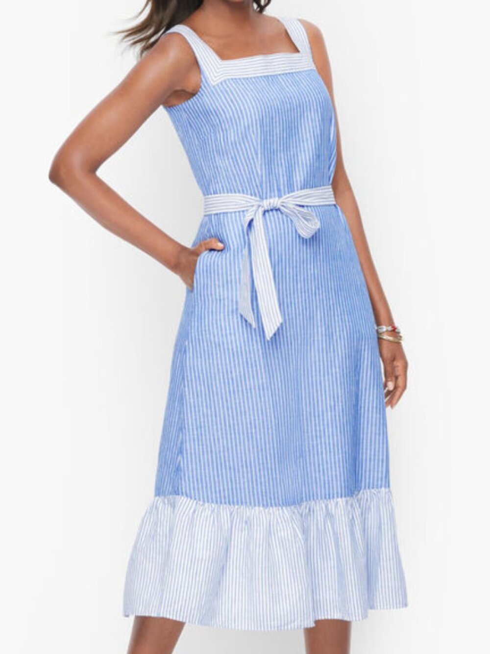 Talbots | Blue White Linen Stripe Midi Dress Pockets 4